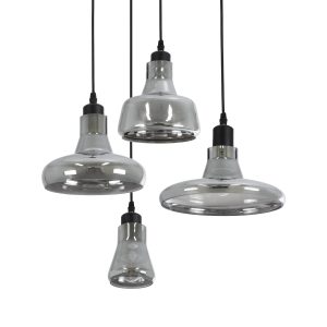 GloboStar® FEMINE 01011 Μοντέρνο Κρεμαστό Φωτιστικό Καμπάνα Σετ Πολύφωτο 4 x E27 IP20 Γκρι Γυαλί με Μαύρο Μέταλλο - Μ70 x Π70 x Y24.5cm