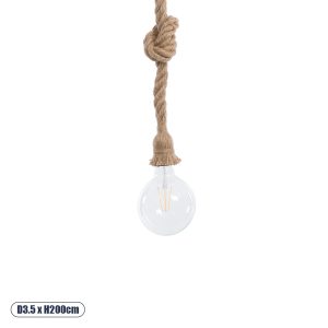 GloboStar® ROPE 01018 Vintage Κρεμαστό Φωτιστικό Ανάρτηση Μονόφωτο 1 x E27 IP20 Μπεζ Σχοινί - Μ3.5 x Π3.5 x Υ200cm