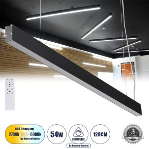 HOME GLOBOSTAR® FELIX 61028-P Μοντέρνο Γραμμικό Κρεμαστό Φωτιστικό Οροφής LED 54W 6500lm 120° AC 220-240V IP20 Ρυθμιζόμενο Λευκό CCT με Χειριστήριο από 2700K έως 6000K Dimmable - Lumileds SMD Chip - Μαύρο Ματ - Μ120 x Π3.5 x Υ7cm - 3 Χρόνια Εγγύηση