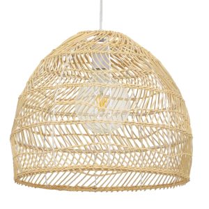 GloboStar® MALIBU 00973 Boho Κρεμαστό Φωτιστικό Καμπάνα Μονόφωτο 1 x E27 IP20 Μπεζ Ξύλο - Μ40 x Π40 x Υ35cm