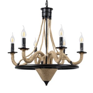 GloboStar® PENNSYLVANIA 00541 Vintage Κρεμαστό Φωτιστικό Πολυέλαιος Πολύφωτο 6 x E14 IP20 Μαύρο Μέταλλο με Μπεζ Σχοινί - Μ64 x Π64 x Υ63cm