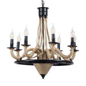 GloboStar® PENNSYLVANIA 00542 Vintage Κρεμαστό Φωτιστικό Πολυέλαιος Πολύφωτο 8 x E14 IP20 Μαύρο Μέταλλο με Μπεζ Σχοινί - Μ64 x Π64 x Υ63cm