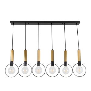 GloboStar® OLVERO 00776 Μοντέρνο Κρεμαστό Φωτιστικό Οροφής Πολύφωτο 6 x E27 Μαύρο - Χρυσό Μεταλλικό Πλέγμα Μ110 x Π18 x Y130cm