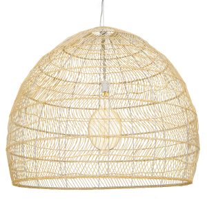 GloboStar® MALIBU 00974 Boho Κρεμαστό Φωτιστικό Καμπάνα Μονόφωτο 1 x E27 IP20 Μπεζ Ξύλο - Μ100 x Π100 x Υ86cm