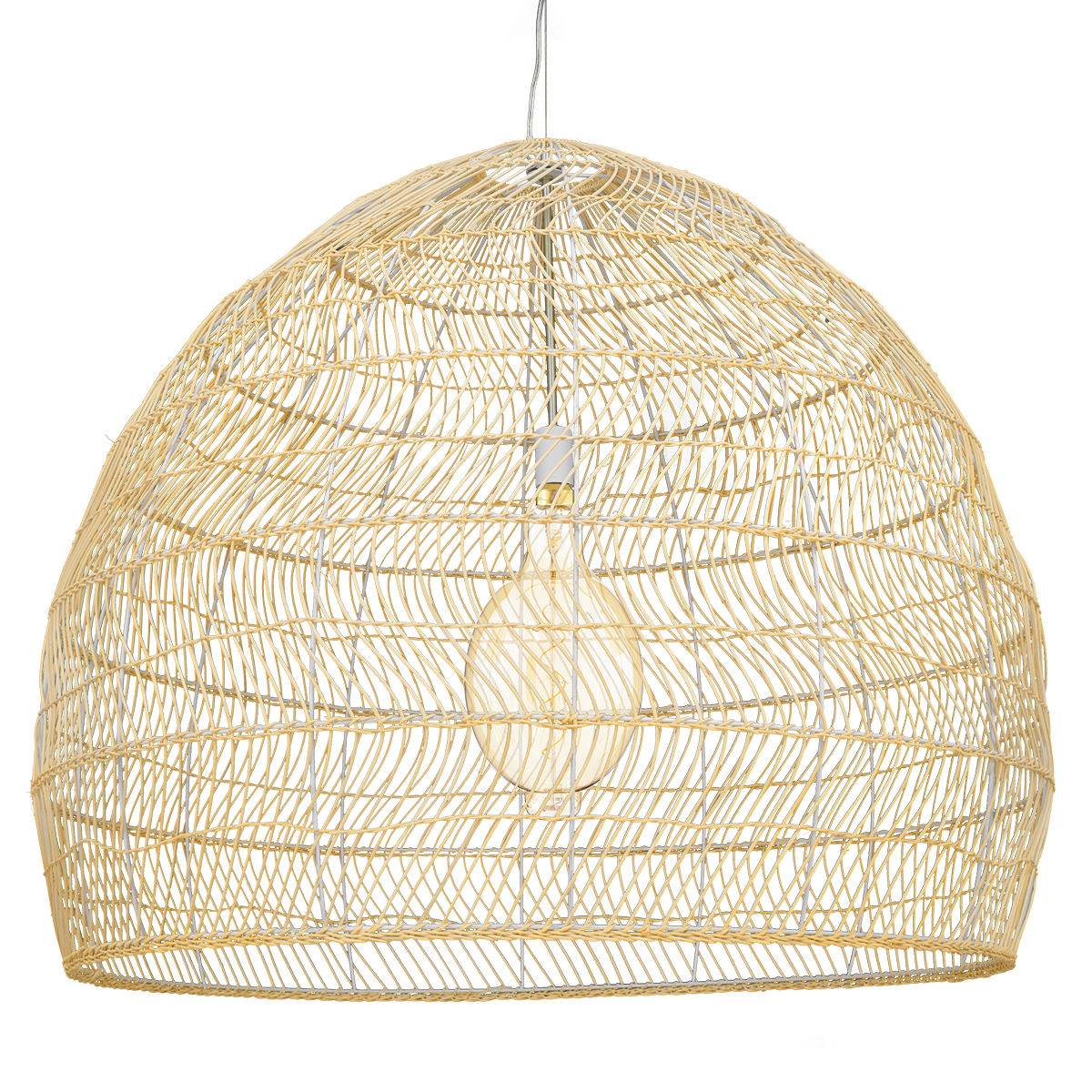 GloboStar® MALIBU 00974 Boho Κρεμαστό Φωτιστικό Καμπάνα Μονόφωτο 1 x E27 IP20 Μπεζ Ξύλο - Μ100 x Π100 x Υ86cm