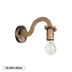 GloboStar® SADON 01126 Vintage Φωτιστικό Τοίχου - Απλίκα Μονόφωτο 1 x E27 AC 220-240V IP20 - Μ10 x Π22 x Υ15cm - Μπρούτζινο Σκουριά Μεταλλικό με Μπεζ Σχοινί