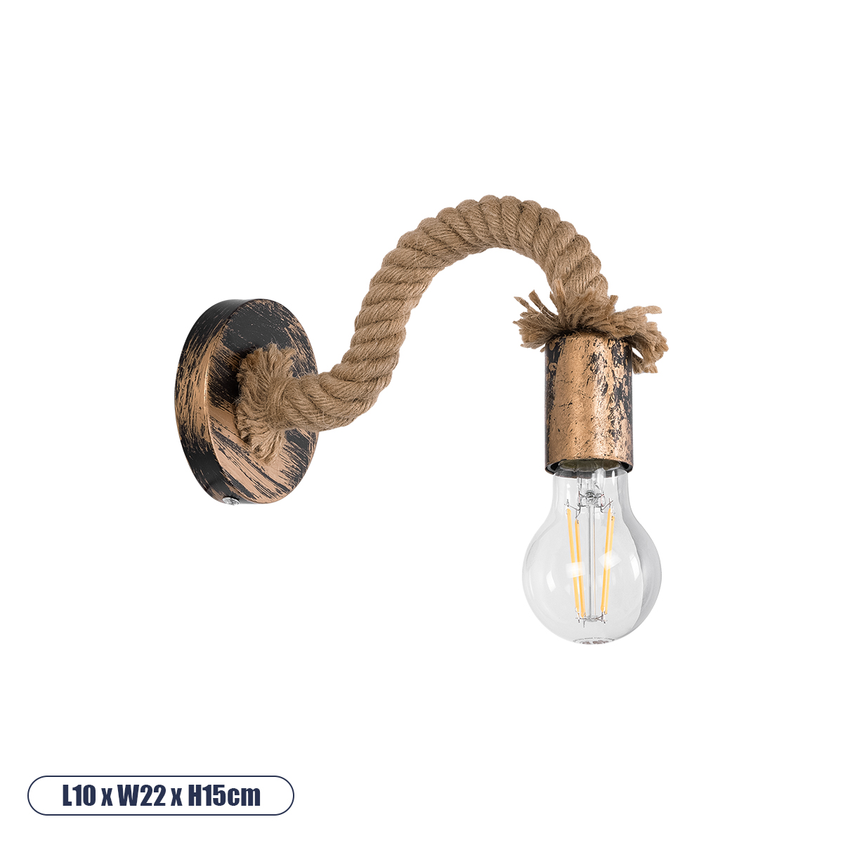 GloboStar® SADON 01126 Vintage Φωτιστικό Τοίχου - Απλίκα Μονόφωτο 1 x E27 AC 220-240V IP20 - Μ10 x Π22 x Υ15cm - Μπρούτζινο Σκουριά Μεταλλικό με Μπεζ Σχοινί