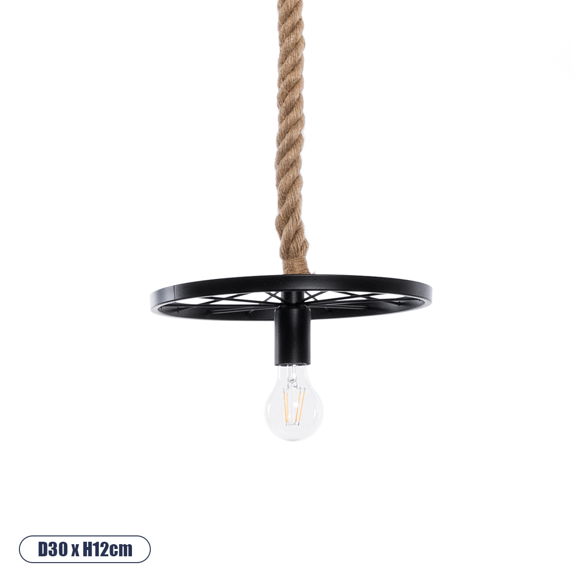 GloboStar® VELO 01185 Vintage Industrial Κρεμαστό Φωτιστικό Οροφής Μονόφωτο 1 x E27 Μαύρο Μεταλλικό Πλέγμα με Μπεζ Σχοινί Φ30 x Y16cm