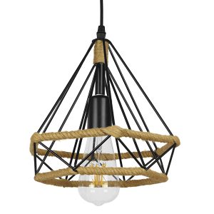 GloboStar® FLUTED 01421 Vintage Κρεμαστό Φωτιστικό Οροφής Μονόφωτο 1 x E27 Μαύρο Μεταλλικό με Μπεζ Σχοινί Φ25 x Υ24cm