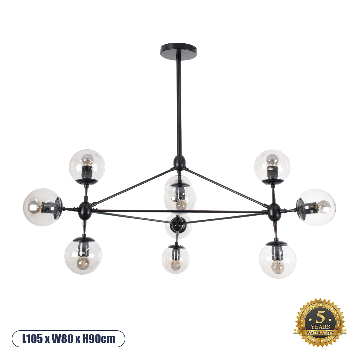 GLOBOSTAR® SENTINEL 01636 Μοντέρνο Φωτιστικό Οροφής με Ντουί 10 x E27 AC 220-240V IP20 - Μαύρο & Διάφανο - Μ105 x Π80 x Υ90cm