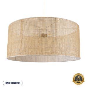 GloboStar® YOTTO 01823 Boho Κρεμαστό Φωτιστικό Καπέλο Τρίφωτο 3 x E27 IP20 Μπεζ Ρατάν - Μ90 x Π90 x Υ40cm