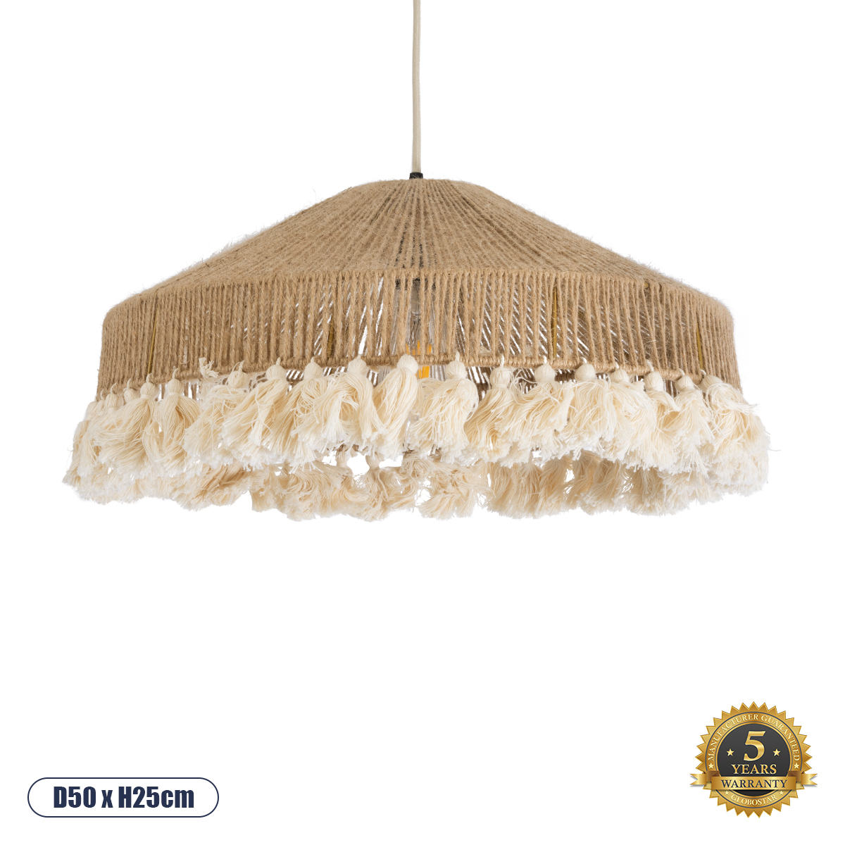 GLOBOSTAR® PUERTORICO 02098 Boho Κρεμαστό Φωτιστικό Οροφής με Ντουί 1 x E27 AC 220-240V IP20 - Μπεζ & Λευκό - Μ50 x Π50 x Υ25cm GloboStar® PUERTORICO 02098 Boho Κρεμαστό Φωτιστικό Καμπάνα Μονόφωτο 1 x E27 IP20 Μπεζ & Λευκό Βαμβακερό Νήμα - Μ50 x Π50 x Υ25cm