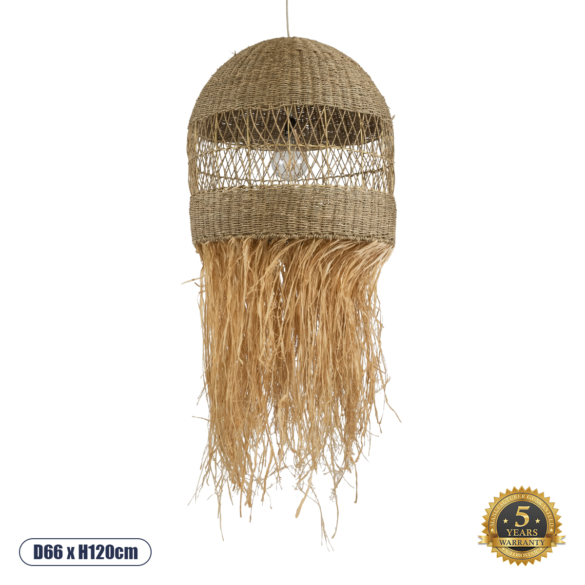GloboStar® SAINTLUCIA 02161 Boho Κρεμαστό Φωτιστικό Καμπάνα Μονόφωτο 1 x E27 IP20 Μπεζ Raffia - Μ66 x Π66 x Υ120cm