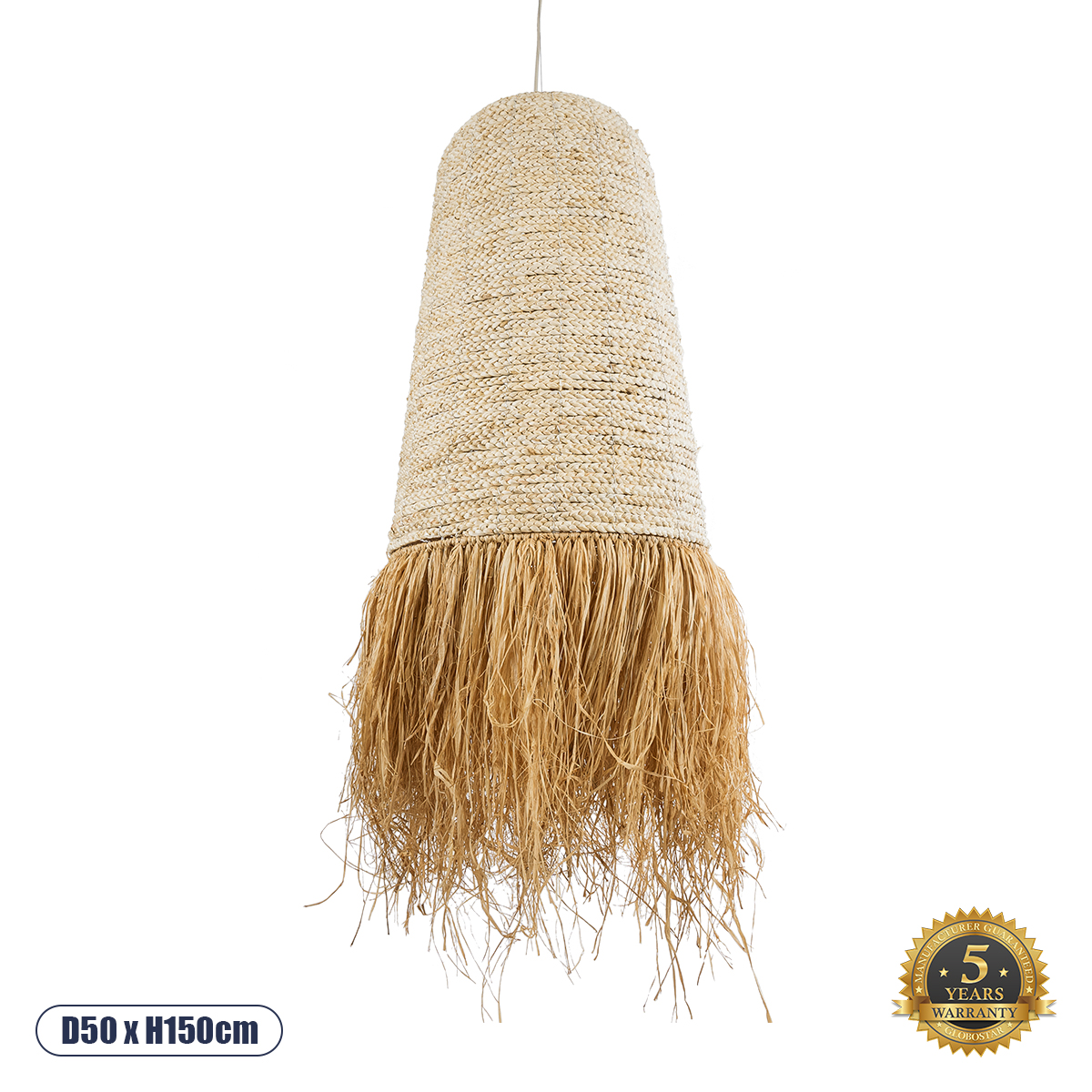 GloboStar® LETA 02171 Boho Κρεμαστό Φωτιστικό Καμπάνα Μονόφωτο 1 x E27 IP20 Μπεζ Raffia - Μ50 x Π50 x Υ150cm
