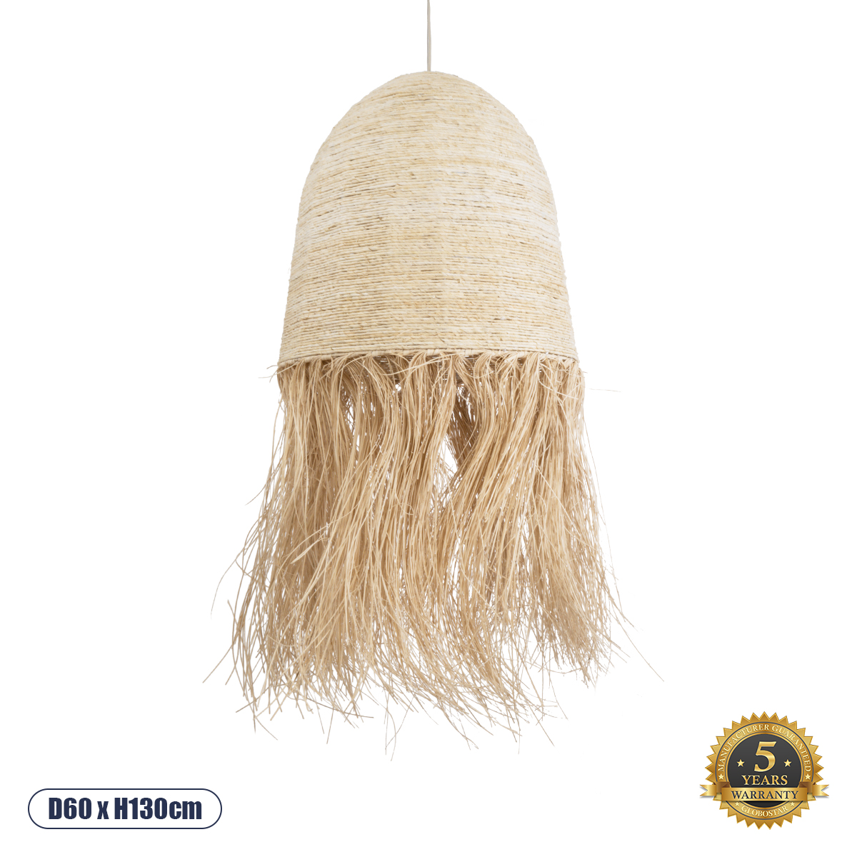 GloboStar® AREMBEPE 02179 Boho Κρεμαστό Φωτιστικό Καμπάνα Μονόφωτο 1 x E27 IP20 Μπεζ Raffia - Μ60 x Π60 x Υ130cm
