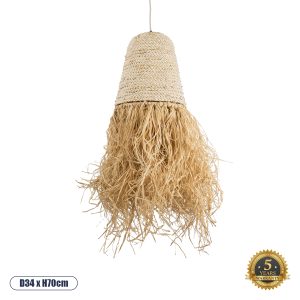 GloboStar® LETA 02189 Boho Κρεμαστό Φωτιστικό Καμπάνα Μονόφωτο 1 x E27 IP20 Μπεζ Raffia - Μ34 x Π34 x Υ70cm