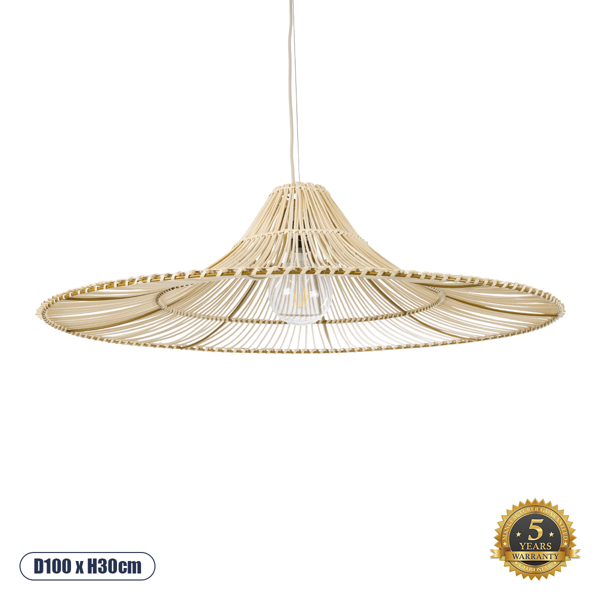 GloboStar® PALERMO 02209 Boho Κρεμαστό Φωτιστικό Καμπάνα Μονόφωτο 1 x E27 IP20 Μπεζ Ρατάν - Μ100 x Π100 x Υ30cm