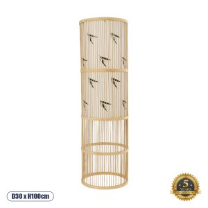 GloboStar® FALKLAND 02307 Boho Επιδαπέδιο Φωτιστικό Μονόφωτο 1 x E27 AC220-240V IP20 - Φ30 x Υ100cm - Λευκό Υφασμάτινο με Μάυρες Λεπτομέρειες και Μπεζ Ξύλινο Μπαμπού Πλέγμα - 5 Χρόνια Εγγύηση