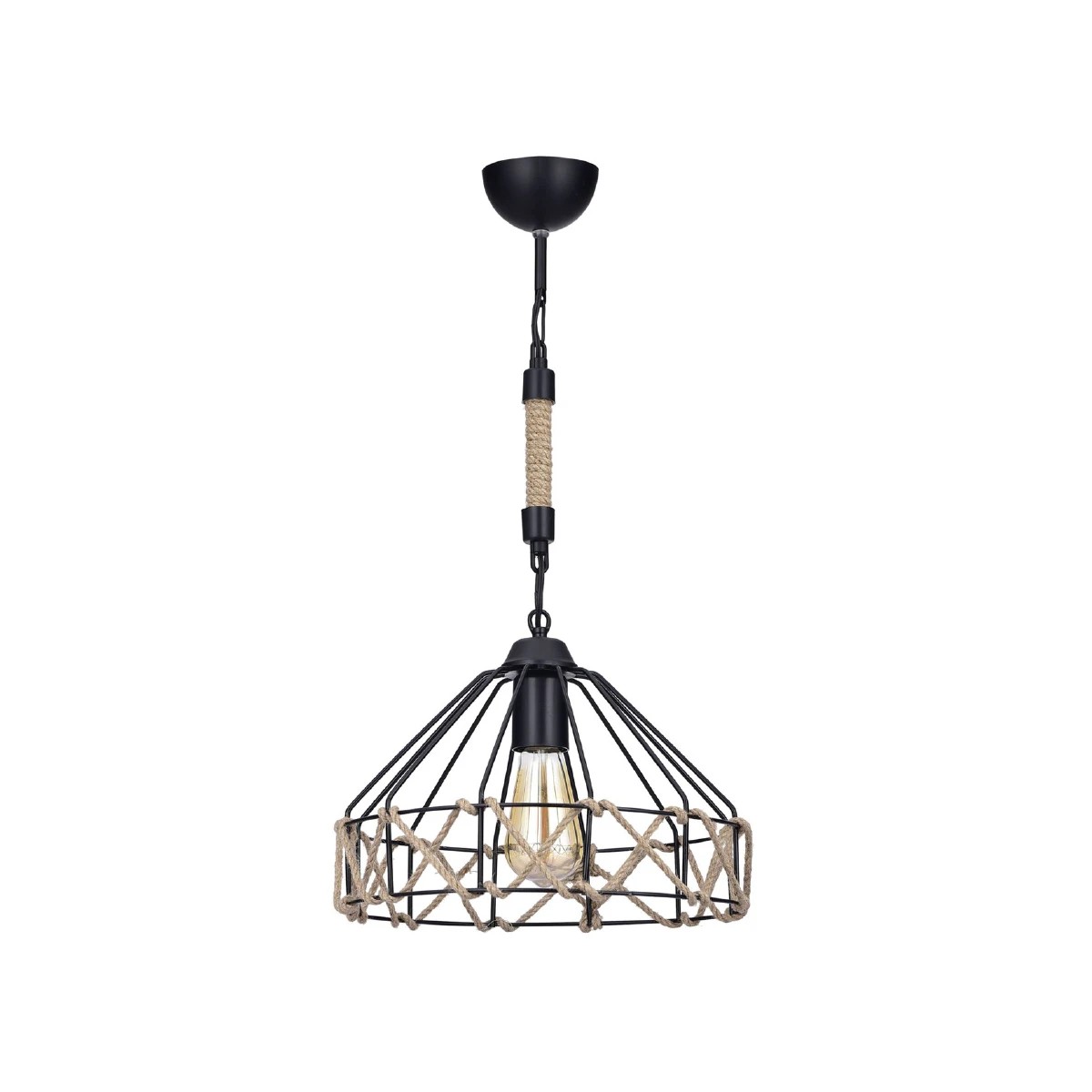 GloboStar® BEAMAX 201-0026 Μοντέρνο Κρεμαστό Φωτιστικό Πλέγμα Μονόφωτο 1 x E27 IP20 Μαύρο Μέταλλο με Μπεζ Σχοινί - Μ30 x Π30 x Υ70cm