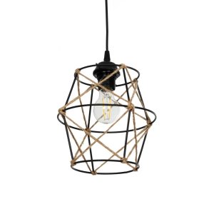GloboStar® SOLON 201-0088 Vintage Κρεμαστό Φωτιστικό Πλέγμα Μονόφωτο 1 x E27 IP20 Μαύρο Μέταλλο με Μπεζ Σχοινί - Μ22 x Π22 x Υ27cm