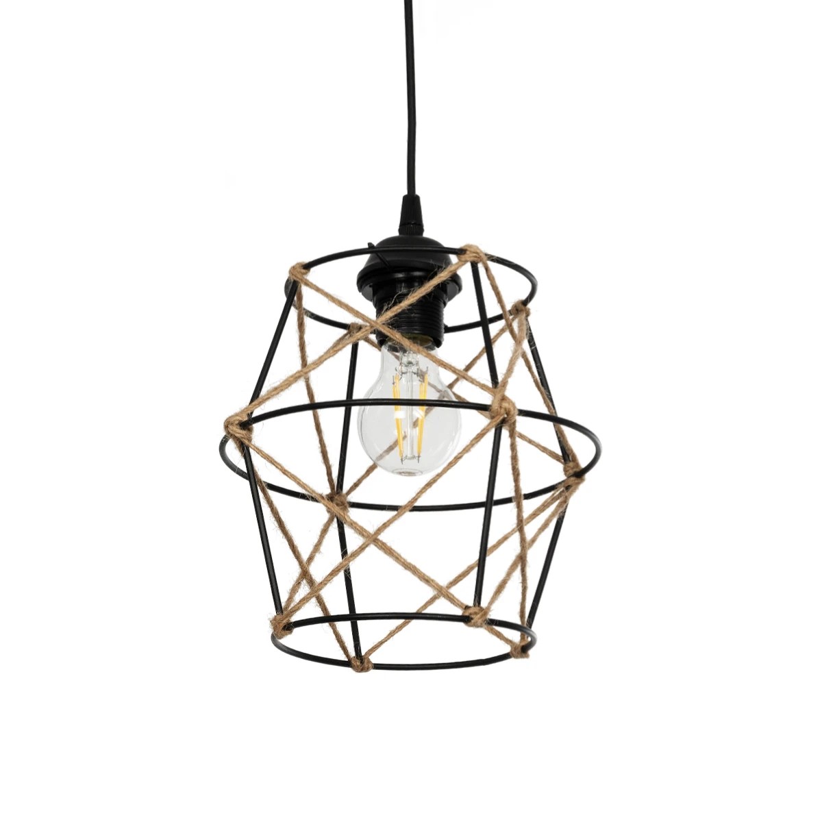 GloboStar® SOLON 201-0088 Vintage Κρεμαστό Φωτιστικό Πλέγμα Μονόφωτο 1 x E27 IP20 Μαύρο Μέταλλο με Μπεζ Σχοινί - Μ22 x Π22 x Υ27cm