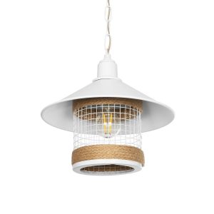 GloboStar® GLORA 201-0089 Vintage Κρεμαστό Φωτιστικό Καμπάνα Μονόφωτο 1 x E27 IP20 Λευκο Μέταλλο με Μπεζ Σχοινί - Μ30 x Π30 x Υ29cm