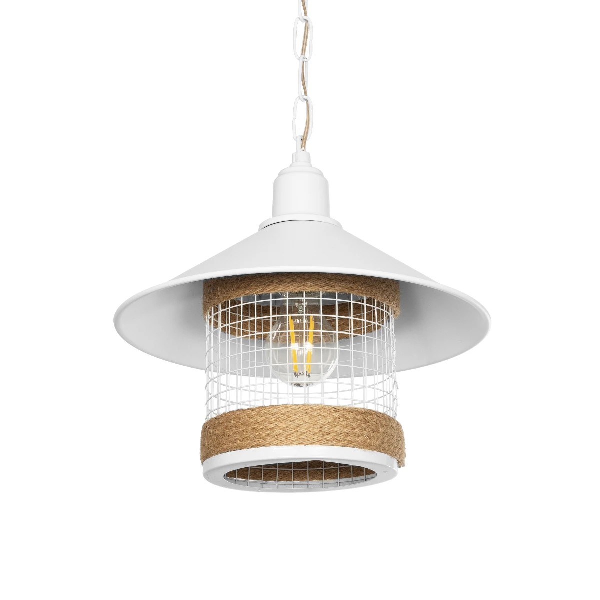 GloboStar® GLORA 201-0089 Vintage Κρεμαστό Φωτιστικό Καμπάνα Μονόφωτο 1 x E27 IP20 Λευκο Μέταλλο με Μπεζ Σχοινί - Μ30 x Π30 x Υ29cm