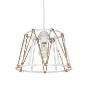 GloboStar® JUTE 203-0091 Μοντέρνο Κρεμαστό Φωτιστικό Σχοινί Μονόφωτο 1 x E27 IP20 Λευκό Πλαστικό με Μπεζ Σχοινί - Μ30 x Π30 x Υ23cm