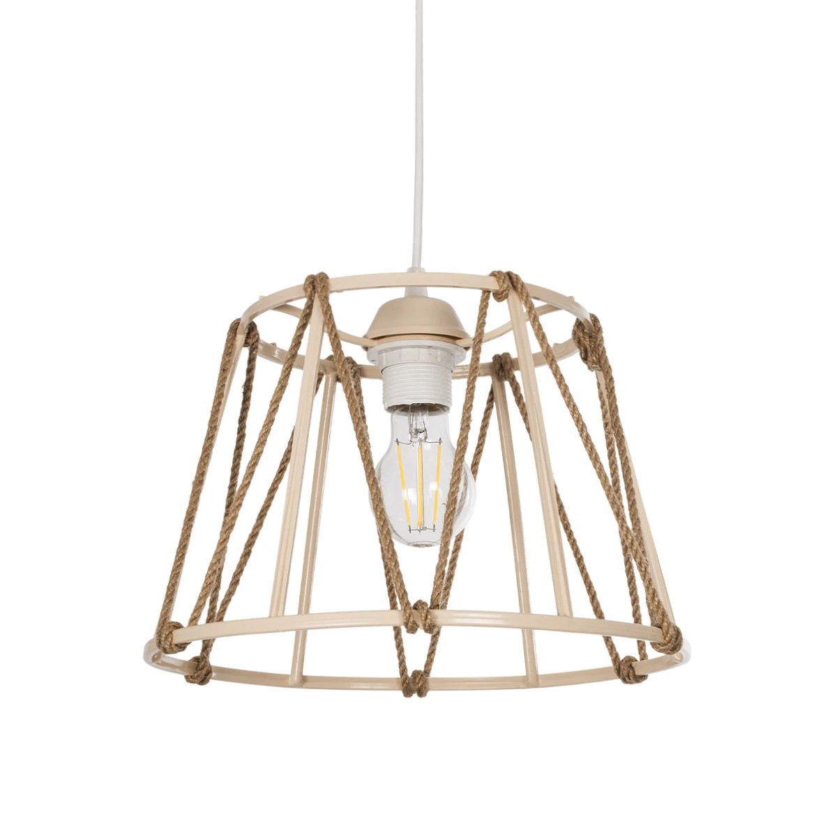 GloboStar® JUTE 203-0092 Μοντέρνο Κρεμαστό Φωτιστικό Σχοινί Μονόφωτο 1 x E27 IP20 Μπεζ Πλαστικό με Μπεζ Σχοινί - Μ30 x Π30 x Υ23cm