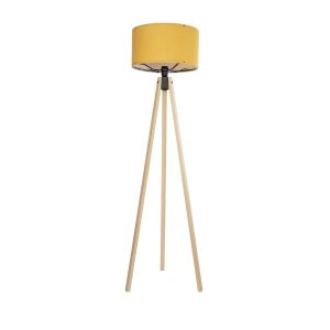 GloboStar® SAGA 204-0045 Μοντέρνο Eπιδαπέδιο Φωτιστικό Μονόφωτο 1 x E27 IP20 Μπεζ Ξύλο με Κίτρινο Ύφασμα - Μ38 x Π38 x Υ140cm