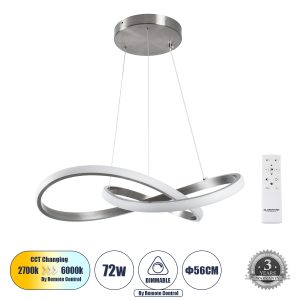 GLOBOSTAR® DEXTER 60498 Μοντέρνο Κρεμαστό Φωτιστικό Οροφής LED 72W 7200lm 300° AC 220-240V IP20 Ρυθμιζόμενο Λευκό CCT με Χειριστήριο από 2700K έως 6000K Dimmable - Lumileds SMD Chip - Νίκελ Βούρτσας - Μ56 x Π56 x Υ14cm - 3 Χρόνια Εγγύηση