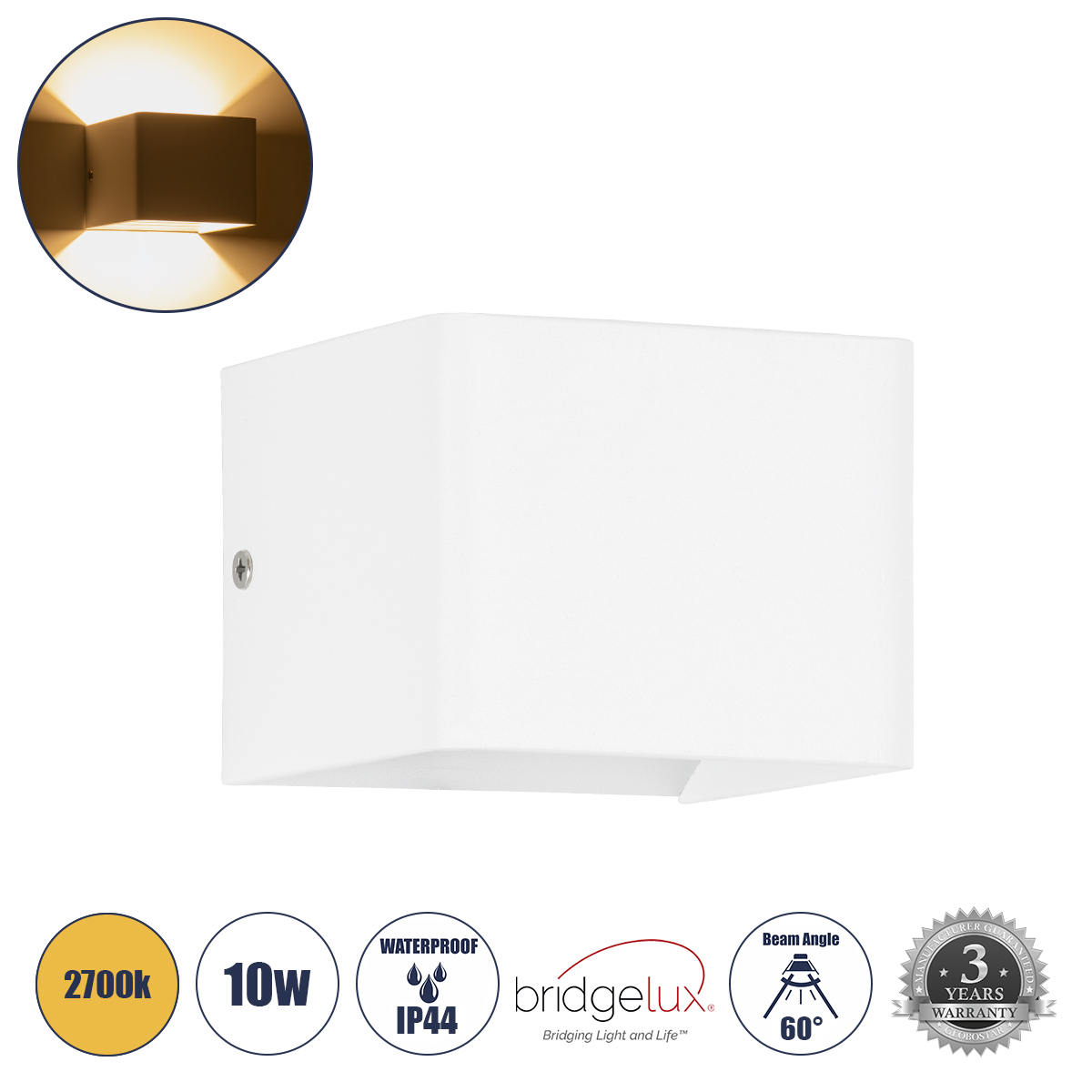 GLOBOSTAR® CIRCOA 60533 Μοντέρνο Φωτιστικό Τοίχου - Απλίκα LED 10W 1000lm 60°/60° AC 220-240V Αδιάβροχο IP44 Θερμό Λευκό 2700K - Bridgelux COB Chip & TÜV SÜD Driver - Λευκό Ματ - Μ10 x Π8 x Υ10cm - 5 Χρόνια Εγγύηση