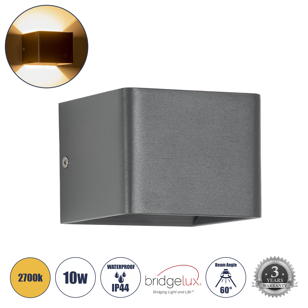 GLOBOSTAR® CIRCOA 60534 Μοντέρνο Φωτιστικό Τοίχου - Απλίκα LED 10W 1000lm 60°/60° AC 220-240V Αδιάβροχο IP44 Θερμό Λευκό 2700K - Bridgelux COB Chip & TÜV SÜD Driver - Γκρι Ανθρακί Ματ - Μ10 x Π8 x Υ10cm - 5 Χρόνια Εγγύηση
