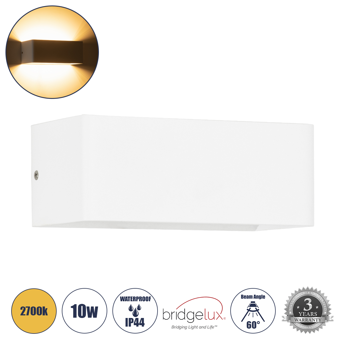 GLOBOSTAR® CIRCOA 60542 Μοντέρνο Φωτιστικό Τοίχου - Απλίκα LED 10W 1000lm 60°/60° AC 220-240V Αδιάβροχο IP44 Θερμό Λευκό 2700K - Bridgelux COB Chip & TÜV SÜD Driver - Λευκό Ματ - Μ20 x Π8 x Υ10cm - 5 Χρόνια Εγγύηση