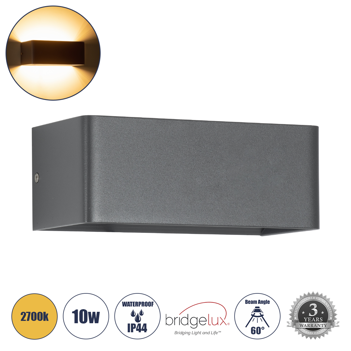 GLOBOSTAR® CIRCOA 60543 Μοντέρνο Φωτιστικό Τοίχου - Απλίκα LED 10W 1000lm 60°/60° AC 220-240V Αδιάβροχο IP44 Θερμό Λευκό 2700K - Bridgelux COB Chip & TÜV SÜD Driver - Γκρι Ανθρακί Ματ - Μ20 x Π8 x Υ10cm - 5 Χρόνια Εγγύηση