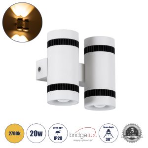 GLOBOSTAR® CANNONAL 60578 Μοντέρνο Φωτιστικό Τοίχου - Απλίκα LED 20W 2000lm 30° AC 220-240V IP20 Θερμό Λευκό 2700K - Bridgelux COB Chip & TÜV SÜD Driver - Μαύρο Ματ & Λευκό Ματ - Μ12 x Π6.5 x Υ11cm - 3 Χρόνια Εγγύηση