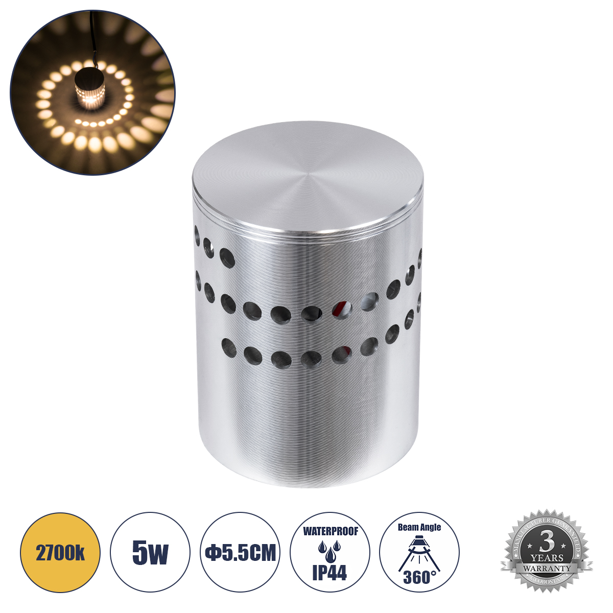GLOBOSTAR® STAINS 60593 Μοντέρνο Φωτιστικό Τοίχου - Απλίκα LED 5W 350lm 180° AC 220-240V IP44 Θερμό Λευκό 2700K - Bridgelux SMD Chip Chip & TÜV SÜD Driver - Νίκελ Βούρτσας - Μ5.5 x Π5.5 x Υ7cm - 5 Χρόνια Εγγύηση