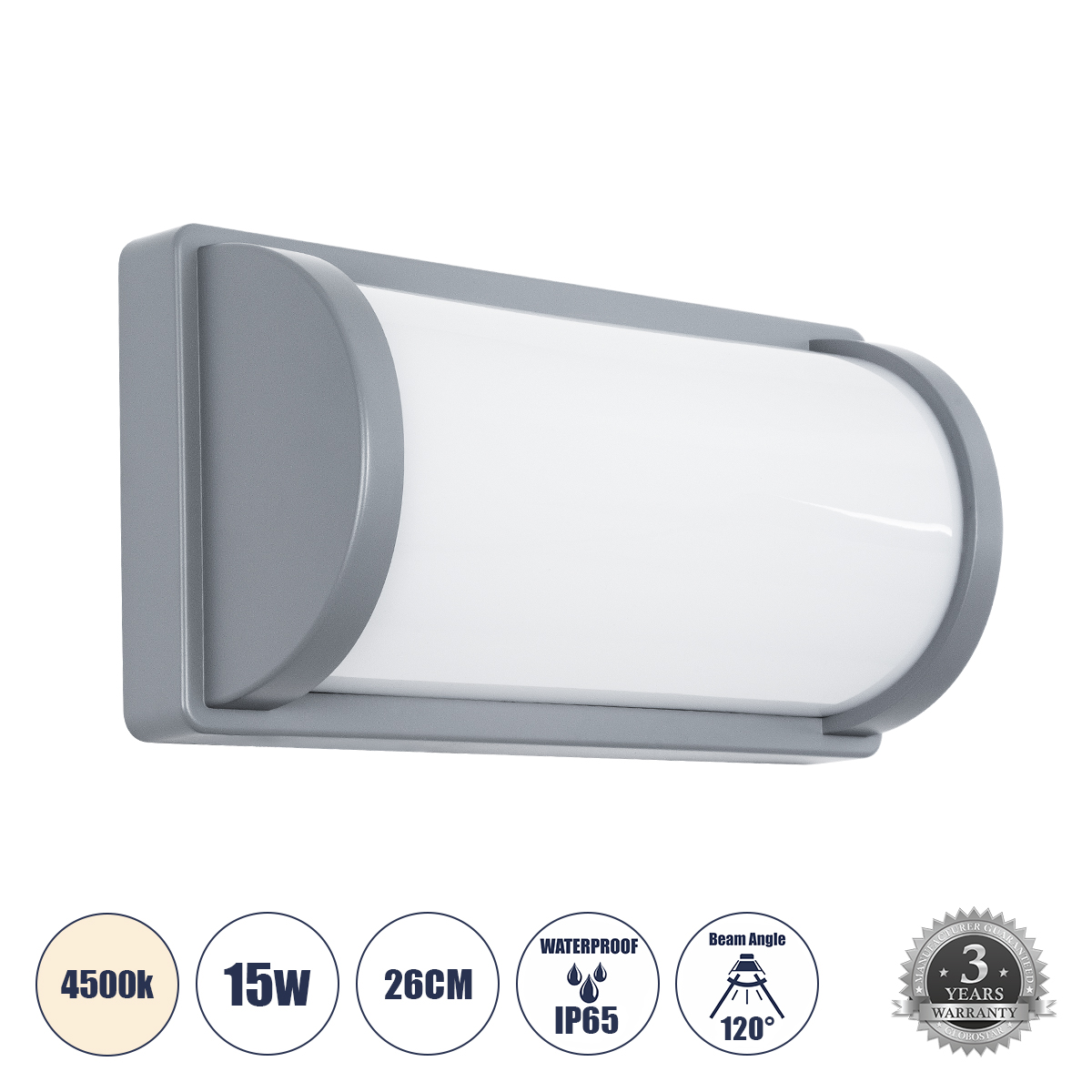 GLOBOSTAR® CELESTIAL 60695 Μοντέρνο Φωτιστικό Τοίχου - Απλίκα LED 15W 1575lm 120° AC 220-240V Αδιάβροχο IP65 Φυσικό Λευκό 4500K - Bridgelux SMD Chip - Γκρι Ματ - Μ26 x Π9 x Υ13.5cm - 3 Χρόνια Εγγύηση