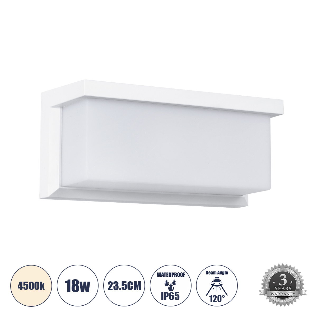 GLOBOSTAR® CITYSCAPE 60697 Μοντέρνο Φωτιστικό Τοίχου - Απλίκα LED 18W 1890lm 120° AC 220-240V Αδιάβροχο IP65 Φυσικό Λευκό 4500K - Bridgelux SMD Chip - Λευκό Ματ - Μ23.5 x Π11 x Υ10cm - 3 Χρόνια Εγγύηση