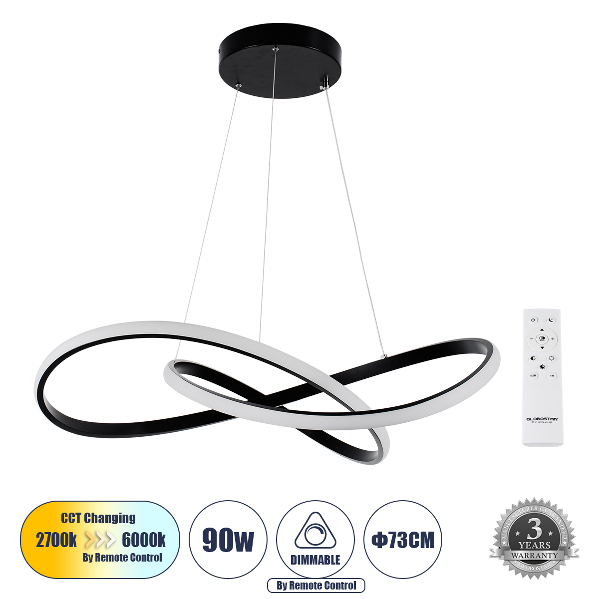 GLOBOSTAR® DEXTER 60913 Μοντέρνο Κρεμαστό Φωτιστικό Οροφής LED 90W 9000lm 300° AC 220-240V IP20 Ρυθμιζόμενο Λευκό CCT με Χειριστήριο από 2700K έως 6000K Dimmable - Lumileds SMD Chip - Μαύρο Ματ - Μ73 x Π73 x Υ16cm - 3 Χρόνια Εγγύηση