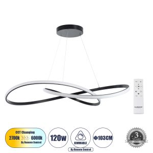 GLOBOSTAR® DEXTER 60917 Μοντέρνο Κρεμαστό Φωτιστικό Οροφής LED 120W 12000lm 300° AC 220-240V IP20 Ρυθμιζόμενο Λευκό CCT με Χειριστήριο από 2700K έως 6000K Dimmable - Lumileds SMD Chip - Μαύρο Ματ - Μ103 x Π103 x Υ22cm - 3 Χρόνια Εγγύηση