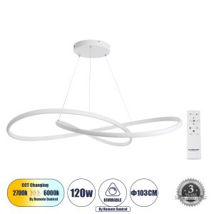 GLOBOSTAR® DEXTER 60918 Μοντέρνο Κρεμαστό Φωτιστικό Οροφής LED 120W 12000lm 300° AC 220-240V IP20 Ρυθμιζόμενο Λευκό CCT με Χειριστήριο από 2700K έως 6000K Dimmable - Lumileds SMD Chip - Λευκό Ματ - Μ103 x Π103 x Υ22cm - 3 Χρόνια Εγγύηση