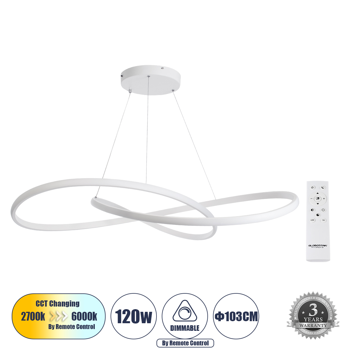 GLOBOSTAR® DEXTER 60918 Μοντέρνο Κρεμαστό Φωτιστικό Οροφής LED 120W 12000lm 300° AC 220-240V IP20 Ρυθμιζόμενο Λευκό CCT με Χειριστήριο από 2700K έως 6000K Dimmable - Lumileds SMD Chip - Λευκό Ματ - Μ103 x Π103 x Υ22cm - 3 Χρόνια Εγγύηση GLOBOSTAR® DEXTER 60918 Μοντέρνο Κρεμαστό Φωτιστικό Οροφής LED 120W 12000lm 300° AC 220-240V IP20 Ρυθμιζόμενο Λευκό CCT με Χειριστήριο από 2700K έως 6000K Dimmable - Lumileds SMD Chip - Λευκό Ματ - Μ103 x Π103 x Υ22cm - 3 Χρόνια Εγγύηση