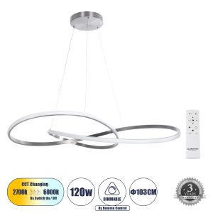 GLOBOSTAR® DEXTER 60919 Μοντέρνο Κρεμαστό Φωτιστικό Οροφής LED 120W 12000lm 300° AC 220-240V IP20 Ρυθμιζόμενο Λευκό CCT με Χειριστήριο από 2700K έως 6000K Dimmable - Lumileds SMD Chip - Νίκελ Βούρτσας - Μ103 x Π103 x Υ30cm - 3 Χρόνια Εγγύηση