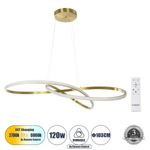 GLOBOSTAR® DEXTER 60920 Μοντέρνο Κρεμαστό Φωτιστικό Οροφής LED 120W 12000lm 300° AC 220-240V IP20 Ρυθμιζόμενο Λευκό CCT με Χειριστήριο από 2700K έως 6000K Dimmable - Lumileds SMD Chip - Χρυσό Βούρτσας - Μ103 x Π103 x Υ30cm - 3 Χρόνια Εγγύηση