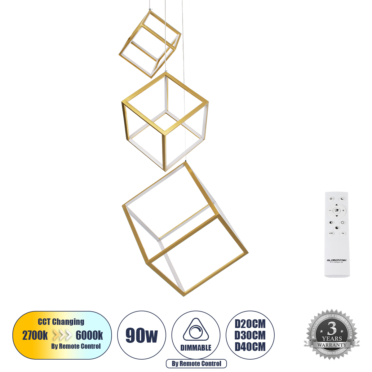 GLOBOSTAR® KIBOO-TRIO 60932 Μοντέρνο Κρεμαστό Φωτιστικό Οροφής LED 90W 10350lm 360° AC 220-240V IP20 Ρυθμιζόμενο Λευκό CCT με Χειριστήριο από 2700K έως 6000K Dimmable - Lumileds SMD Chip - Χρυσό - Μ60 x Π60 x Υ80cm - 3 Χρόνια Εγγύηση
