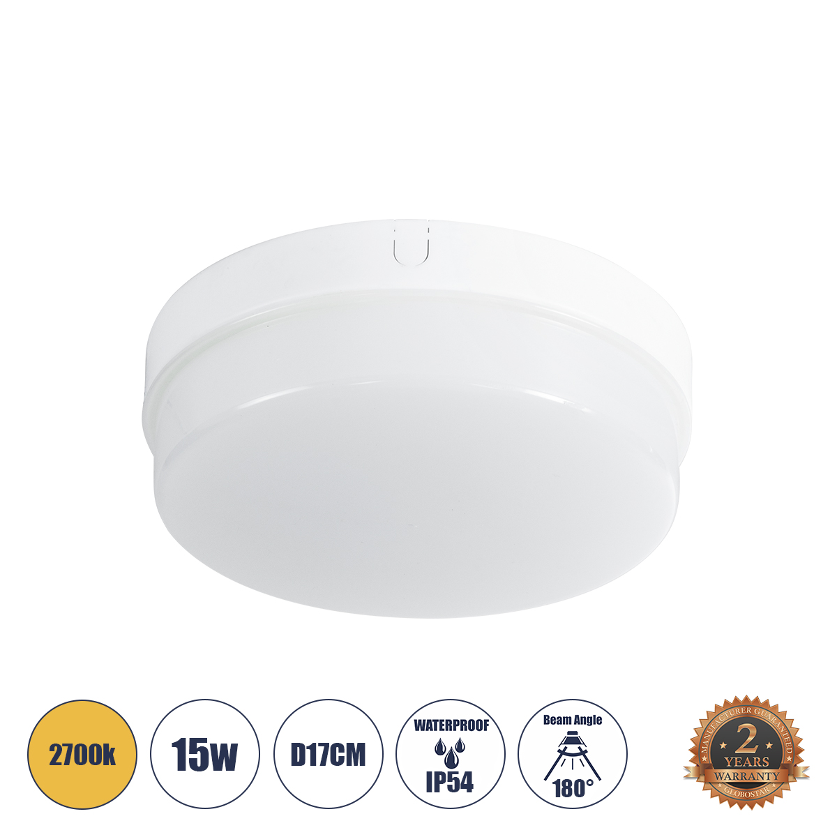 GLOBOSTAR® REVANO 61016 Φωτιστικό Πλαφονιέρα Οροφής LED 15W 1350lm 180° AC 220-240V Αδιάβροχο IP54 Θερμό Λευκό 2700K - Lumileds SMD Chip - Λευκό Γαλακτερό - Μ17 x Π17 x Υ5cm - 2 Χρόνια Εγγύηση GloboStar® REVANO 61016 LED Πλαφονιέρα Οροφής Στρόγγυλη Φ17 15W 1350lm 180° AC 220-240V Αδιάβροχη IP54 Φ17 x Υ5cm Θερμό Λευκό 2700K - 2 Χρόνια Εγγύηση
