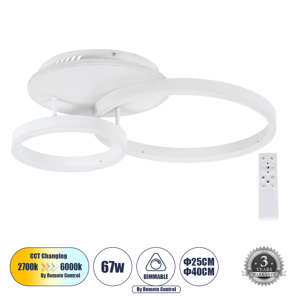 GLOBOSTAR® VENOM 61121 Μοντέρνο Φωτιστικό Οροφής LED 67W 6700lm 360° AC 220-240V IP20 Ρυθμιζόμενο Λευκό CCT με Χειριστήριο από 2700K έως 6000K Dimmable - Lumileds SMD Chip - Λευκό Ματ - Μ60 x Π40 x Υ12.5cm - 3 Χρόνια Εγγύηση GLOBOSTAR® VENOM 61121 Μοντέρνο Φωτιστικό Οροφής LED 67W 6700lm 360° AC 220-240V IP20 Ρυθμιζόμενο Λευκό CCT με Χειριστήριο από 2700K έως 6000K Dimmable - Lumileds SMD Chip - Λευκό Ματ - Μ60 x Π40 x Υ12.5cm - 3 Χρόνια Εγγύηση