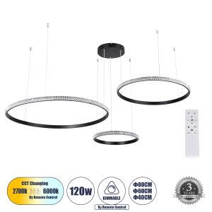 GLOBOSTAR® DIAMOND TRIO 61144 Μοντέρνο Κρεμαστό Φωτιστικό Οροφής LED 120W 14723lm 360° AC 220-240V IP20 Ρυθμιζόμενο Λευκό CCT με Χειριστήριο από 2700K έως 6000K Dimmable - Lumileds SMD Chip - Μαυρό Ματ - Μ150 x Π150 x Υ60cm - 3 Χρόνια Εγγύηση