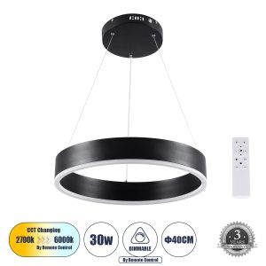 GloboStar® VENOM 61173 Κρεμαστό Φωτιστικό Δαχτυλίδι-Κύκλος LED CCT 30W 3513lm 120° AC 220-240V - Εναλλαγή Φωτισμού μέσω Τηλεχειριστηρίου All In One Ψυχρό 6000K+Φυσικό 4500K+Θερμό 2700K Dimmable Φ40cm - Μαύρο - 3 Years Warranty